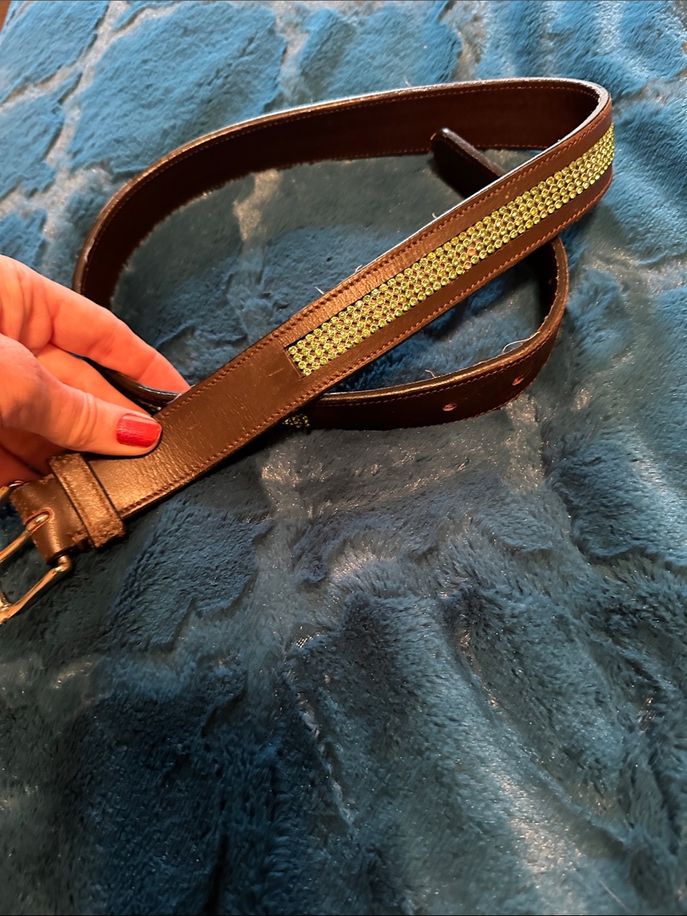 Brown Leather Belt with Green Crystal Accent 32